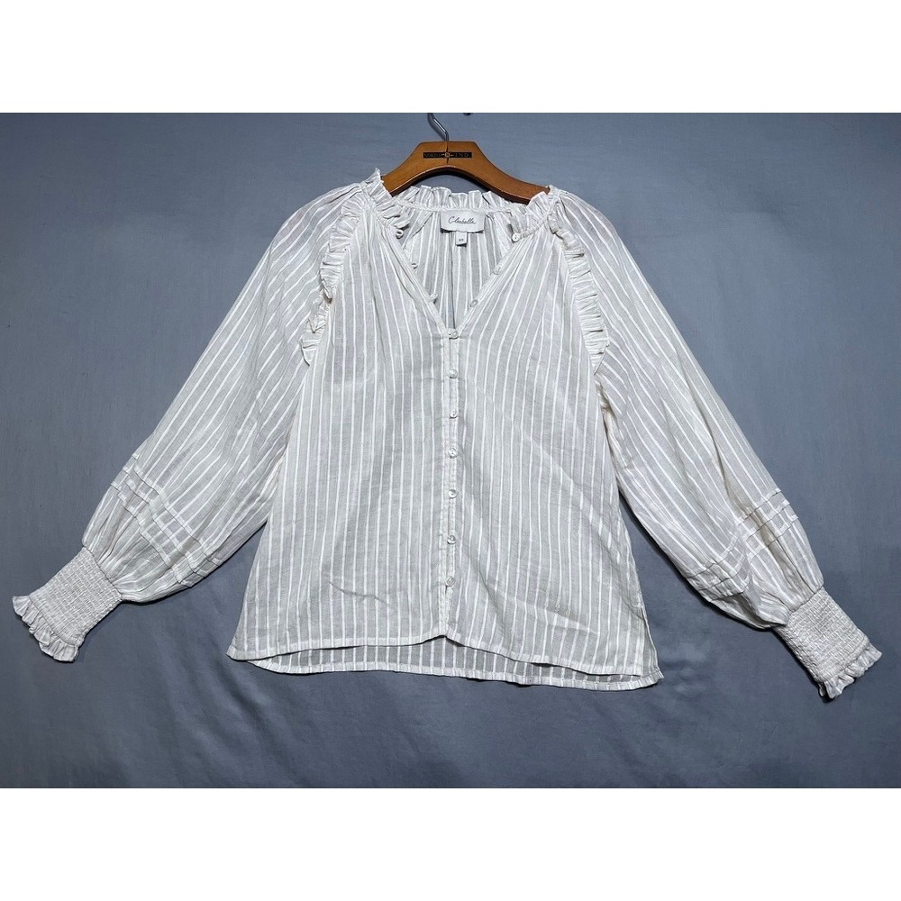 Cleobella Striped Metallic Ruffle V-Neck Blouse Smocked Cuff XS Neutral Gold